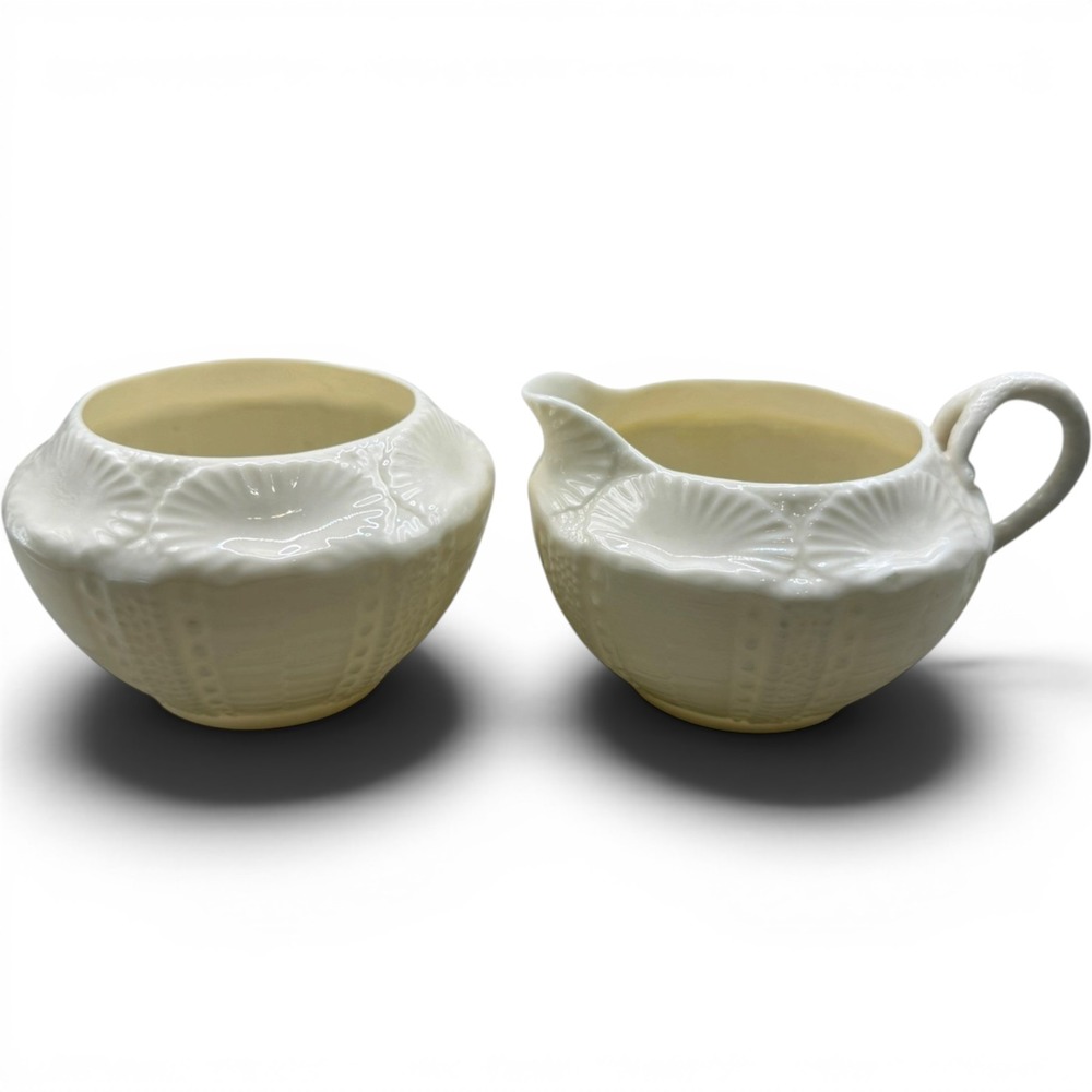 Belleek Ireland Neptune Shell Parian China Sugar Bowl and Creamer Set Ivory